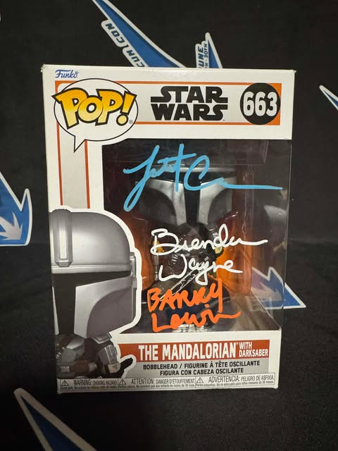 (Rear box damage) The Mandalorian w/ Darksaber Funko Pop #663 - TRIPLE SIGNED Brendan, Lateef, & Barry